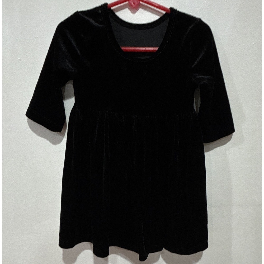 Zara Girls Black Velvet A-Line Knee Length Dress 3/4 Sleeve Crew Neck 3T